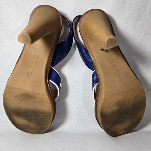 MICHAEL KORS Nautical Blue LEATHER Straps White Trim Slingback Heel Sandals 8.5M - Picture 13 of 16